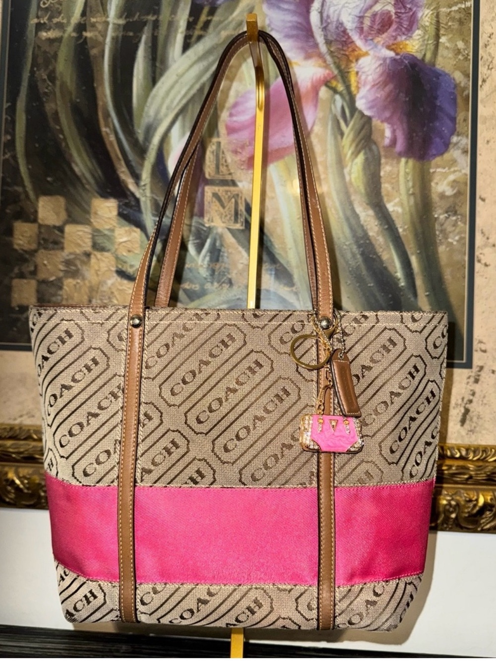 Coach Signature Canvas Tote with Pink Stripe and Tan Trim